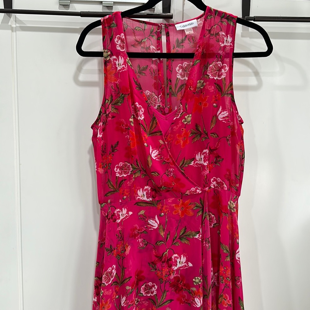 Calvin Klein Women Sz 10 Pink Floral High Lo Midi Dress Sleeveless Flowy Chiffon